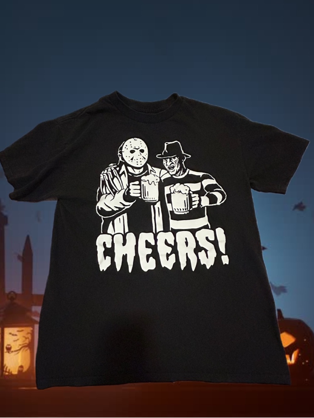 Freddy vs Jason Cheers Graphic T-Shirt Horror Movie Black White tee halloween